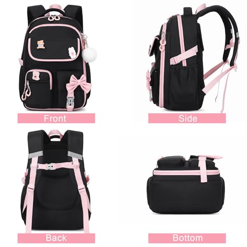 ACESAK Girls Backpack - 3PCS Backpack for Girls Cute School Backpacks for Girl Kindergarten Elementary Preschool Middle Kids School Bags with Lunch Box Pencil Case Set (Black Pink) - color: Black Pink