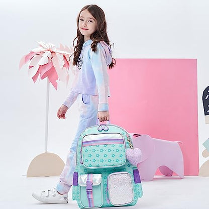 Meetbelify Aesthetic Backpack with Lunch Box Pencil Case for Elementary Students - Cute Bookbag for Girls 8-10 - color: Star Green 3pcs