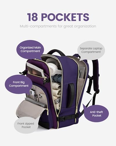 LOVEVOOK 40L Travel Backpack - Carry On & Personal Item for Women & Men, Spacious & Durable with 3 Packing Cubes - color: Blue Purple-purple-black, size: Large-40L-4Pcs