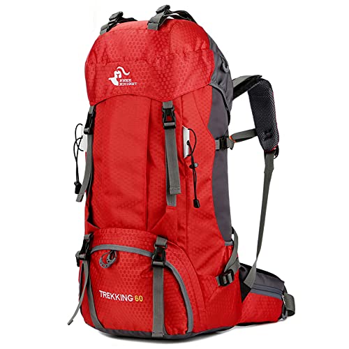 Bseash 60L Waterproof Hiking Camping Backpack with Rain Cover, Large Outdoor Sport Travel Daypack Rucksack for Climbing - color: Red