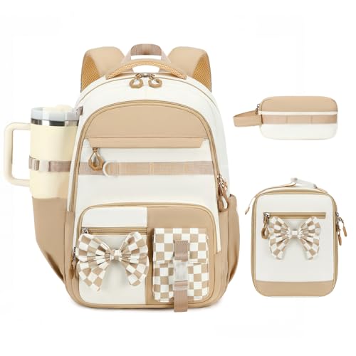 CAMTOP Girls Backpack with Lunch Box & Pencil Case Set, School Backpack for Girls with Large Water Bottle Holder Straps, Waterproof Kids Backpack, Cute Bookbag for Elementary School & Travel - color: Beige Brown