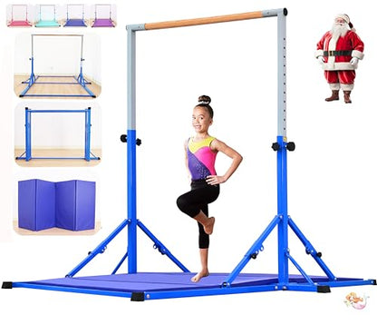 Marfula Gymnastic Bar For Kid and Teenage of 3-25, 5Ft/8 FT Base Length 4Ft Width 5Ft Adjust Height, Gymnastic Kip Bar For Gymnast, Gymnastic Training Equipment For Professional Training Home Club Use - color: Blue (Bar with Mat - 8 Ft Base)