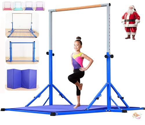 Marfula Gymnastic Bar For Kid and Teenage of 3-25, 5Ft/8 FT Base Length 4Ft Width 5Ft Adjust Height, Gymnastic Kip Bar For Gymnast, Gymnastic Training Equipment For Professional Training Home Club Use - color: Blue (Bar with Mat - 8 Ft Base)