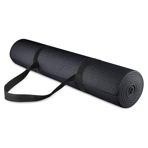 Fitvids All Purpose 1/4-Inch High Density Anti-Tear Exercise Yoga Mat with Carrying Strap, Multiple Colors - color: Black