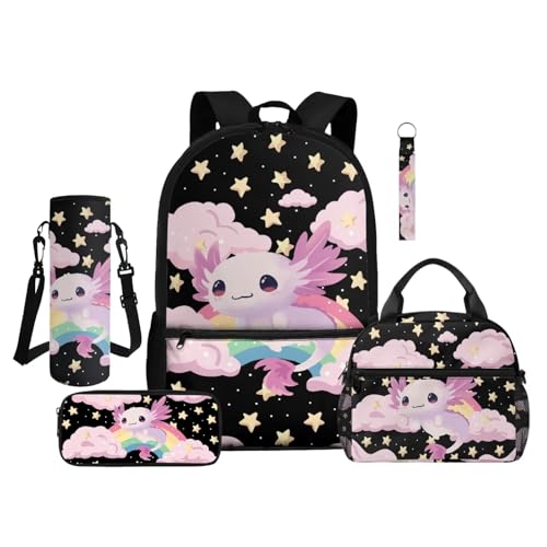 ZDCUSTOM Pink Axolotl Backpack for Kids for School 6-8 Girls Cute Elementary Student Book Bag with Lunch Box, Pencil Case, Water Bottle Cover, Keychain, Girls Preschool Back Pack 5PCS - color: Rainbow Axolotl