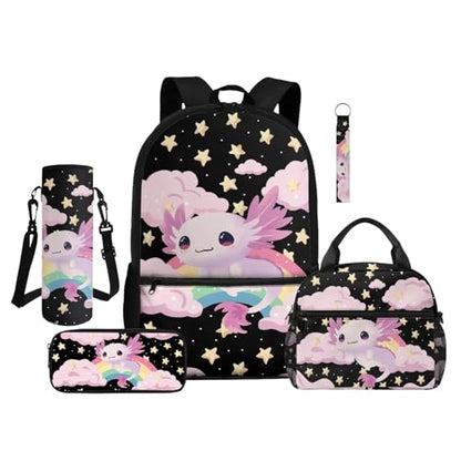 ZDCUSTOM Pink Axolotl Backpack for Kids for School 6-8 Girls Cute Elementary Student Book Bag with Lunch Box, Pencil Case, Water Bottle Cover, Keychain, Girls Preschool Back Pack 5PCS - color: Rainbow Axolotl