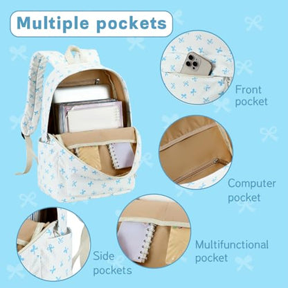LEDAOU School Laptop Backpack for Teen Girls Lightweight 15.6 inch Bookbag for College Middle High School Women Casual Travel Daypack - color: Blue Bow-beige