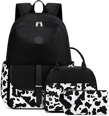 Bluboon Backpack for School Teen Girls Bookbags with Lunch Bag & Pencil Case Aesthetic Water Resistant School Bags for Kids - color: Cow Print