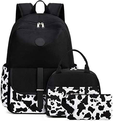 Bluboon Backpack for School Teen Girls Bookbags with Lunch Bag & Pencil Case Aesthetic Water Resistant School Bags for Kids - color: Cow Print