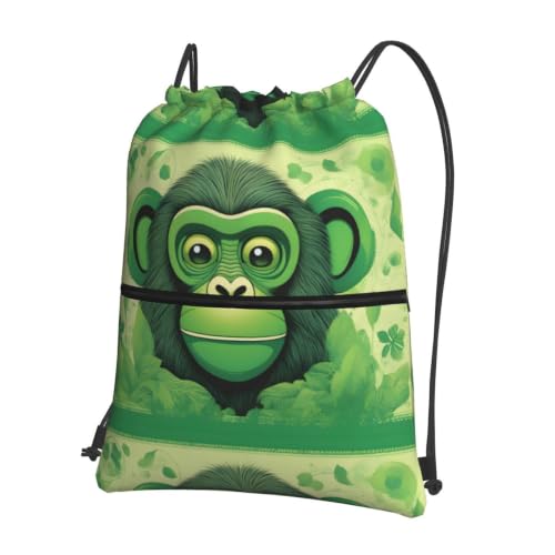 Green Clever Monkey Prints Drawstring Zipper Backpack Lightweight Sport Gym Bag Water-Resistant Travel Throw Cover for Men Women Teens