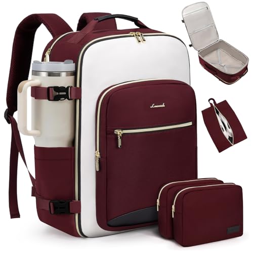 LOVEVOOK Large Travel Backpack for Women & Men, 40L Carry on Backpack for Airplanes, TSA Personal Item Travel Bag fits 17" Laptop, Waterproof Weekender Essentials Airline Approved with 3 Packing Cubes - color: Wine Red-beige-black, size: 18.5 Inch-50L-4Pc