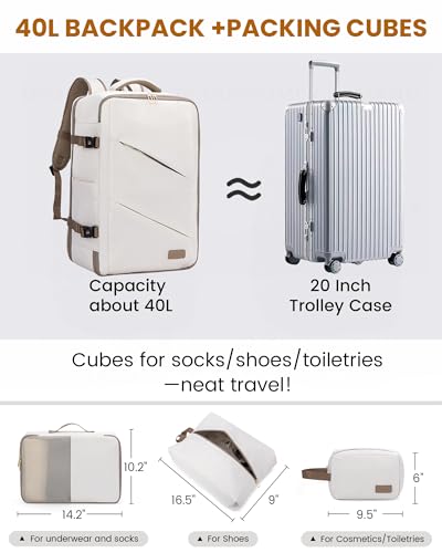 LOVEVOOK Travel Carry on Backpack, Large 40L Personal Item Travel Bag for Men & Women Flight Approved with 3 Packing Cubes, Suitcase Water Resistant Luggage Daypack Business Weekender Bag - color: Beige-khaki, size: 40L-4Pcs