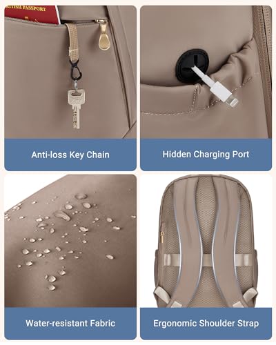 LIGHT FLIGHT Travel Backpack for Women, 15.6 Inch, Champagne | Laptop Backpack, USB Charging Hole, Water Resistant, Large Capacity, College Bookbag - color: Champagne, size: 15.6 Inch without Wheels