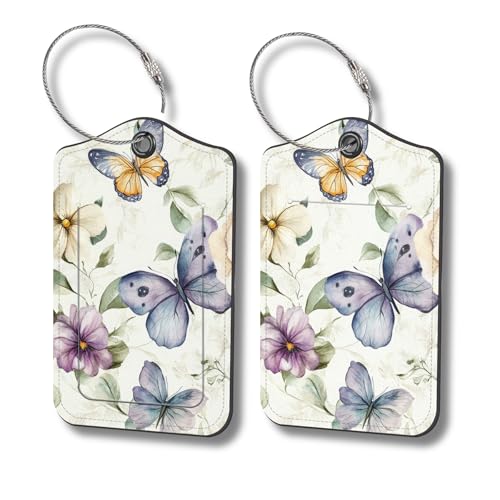 Luggage Tags for Suitcases, 2-Pack PU Leather for Cruise & Travel, Baggage ID Tags with Privacy Cover & Address Card, Durable Metal Ring, Kids Adults Travel Accessories, Elegant Butterfly Florals - color: Elegant Butterfly Florals