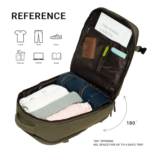 KAUKKO Canvas Travel Backpack, Personal Item Airline Approved, Carry On Backpack with Multi-Pockets and Shoe Pouch, fit 15.6 inch Laptop, 40L Weekender Bag, 11-ARMYGREEN - color: 11-armygreen