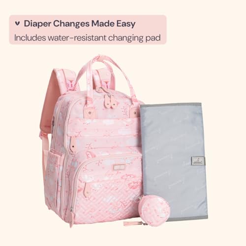 BabbleRoo Diaper Bag Backpack - Baby Essentials Travel Tote - Multi Function Water Resistant Diaper Bag, Travel Essentials Baby Bag with Changing Pad, Stroller Straps & Pacifier Case - Pink Birdy - color: Pink Birdy, size: Large