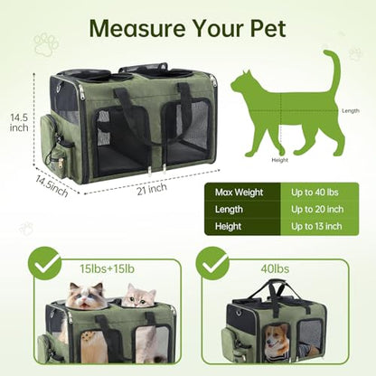 Cat Carrier for 2 Cats - Double Pet Carrier Extra Large, Dual Cabin Multi Cat Travel Carrier with Removable Divider, Collapsible, Can Hold 20 30 40 lbs for Two Small Kitten, Medium Dog Green - color: Green