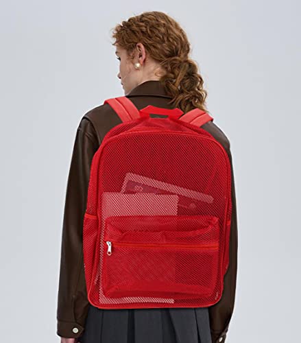 MCWTH Heavy Duty Mesh Backpack, See Through School College Student Mesh Bookbag (Red) - color: Red
