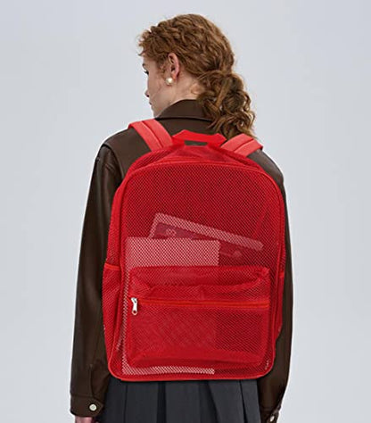 MCWTH Heavy Duty Mesh Backpack, See Through School College Student Mesh Bookbag (Red) - color: Red