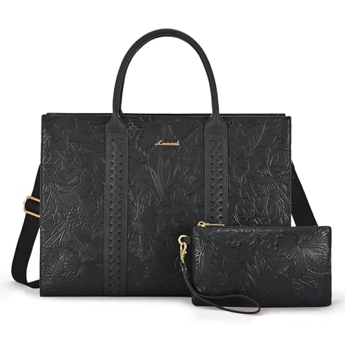 LOVEVOOK Laptop Bag for Women, Vintage Leather Work Bags, Professional Computer Bag Laptop Tote Bag Fit 17 Inch Laptop, Business Handbag Office Briefcase Large Shoulder Purse, Black Embroidery - color: Black Embroidery, size: 17 Inch