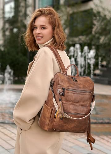 Shrrie 15.6 inch Laptop Backpack for Women,Large Leather Backpack Purse,Travel,Carry on,Water Resistant Casual Laptop Backpacks,College Backpack,Work Backpack for Women,Two-toned Brown - color: Two-toned Brown