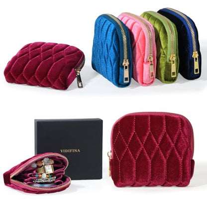 Travel Jewelry Case,Mini Travel Jewelry Bag with Zipper, 5-Layer Velvet Organizer Pouch for Bracelet Rings Earrings - Diamond Stitched Velvet Rose Purple - color: RosePurple