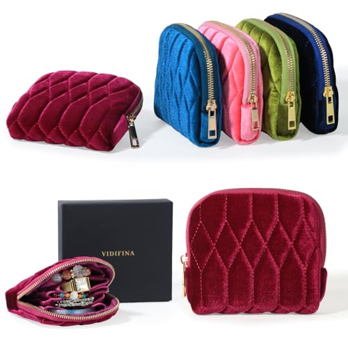 Travel Jewelry Case,Mini Travel Jewelry Bag with Zipper, 5-Layer Velvet Organizer Pouch for Bracelet Rings Earrings - Diamond Stitched Velvet Rose Purple - color: RosePurple
