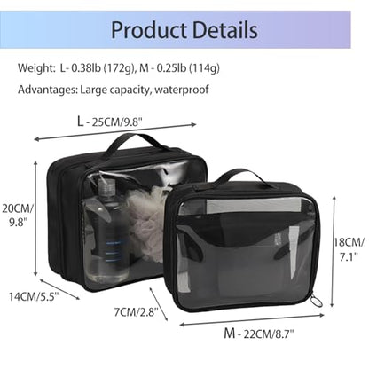 TSA Approved Toiletry Bag, Clear Makeup Bags with Multi Layer Mesh Pockets, Portable Large Capacity PVC Cosmetic Bags with Zipper for Travel Essentials - size: L+M