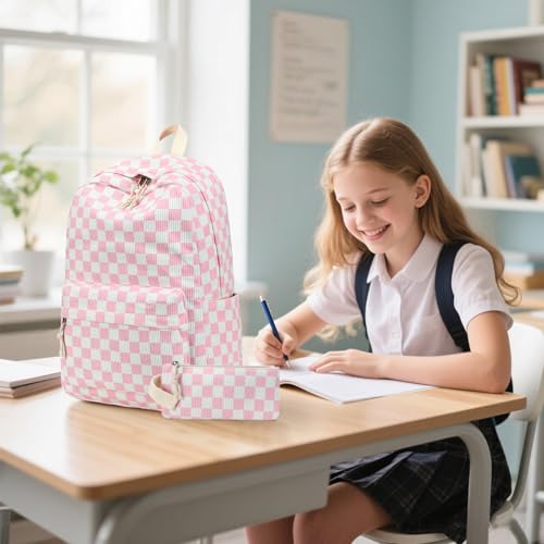 Bluboon School Backpack Set Girls Womens Laptop Bookbag Casual Daypack Fits 15 inch Laptop with Lunch Tote Bag and Pencil Bag - color: Pink Checked-3