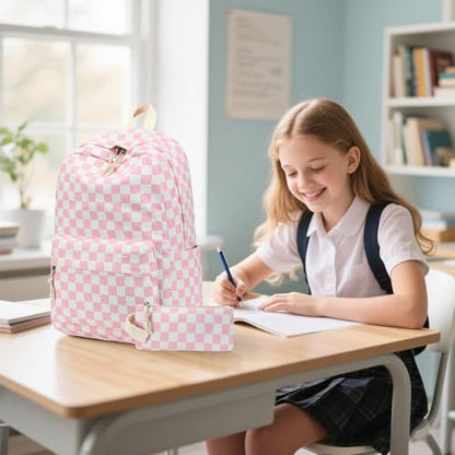 Bluboon School Backpack Set Girls Womens Laptop Bookbag Casual Daypack Fits 15 inch Laptop with Lunch Tote Bag and Pencil Bag - color: Pink Checked-3