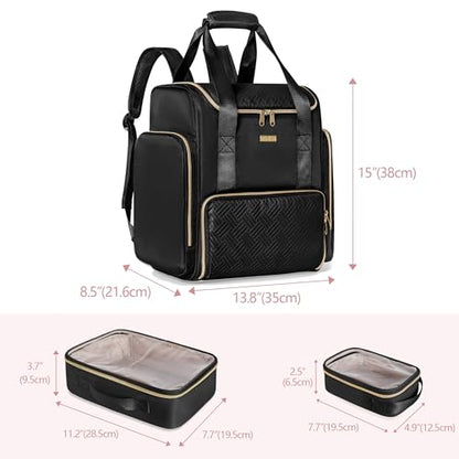 Large Makeup Backpack with 3 Clear Makeup Bags, Double Layers Professional Makeup Travel Case with Brushes Storage Section for Makeup Artists - color: Black