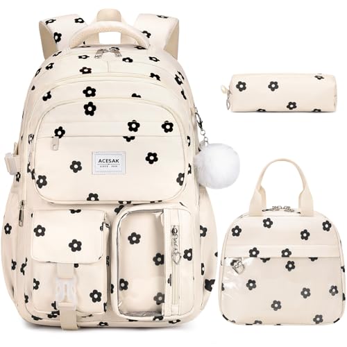 ACESAK Backpack for Girls - Girls Backpack with Lunch Bag & Pencil Pouch for Teen Kids Laptop Backpack for Women, Elementary Middle High School Bookbag Travel Daypack (Beige Floral) - color: Beige Floral