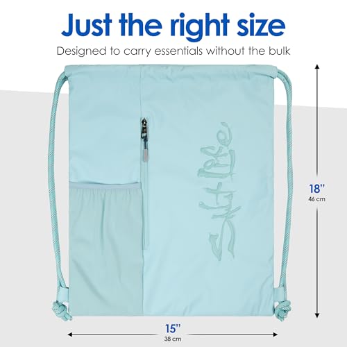 Salt Life Drawstring Backpack for Men and Women - Small Draw String Cinch Gym Bag with Water Bottle Pocket and Zipper Pocket - color: Retro Blue