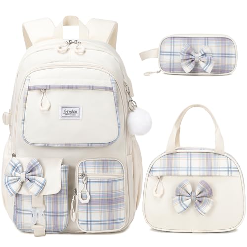 Bevalsa Backpack for Girls, School Bags for Kids with Lunch Bag & Pen Case, Bow Plaid Bookbag for Girls Children Teens for Elementary Middle High school College Student with USB Charging Port - color: Beige Plaid