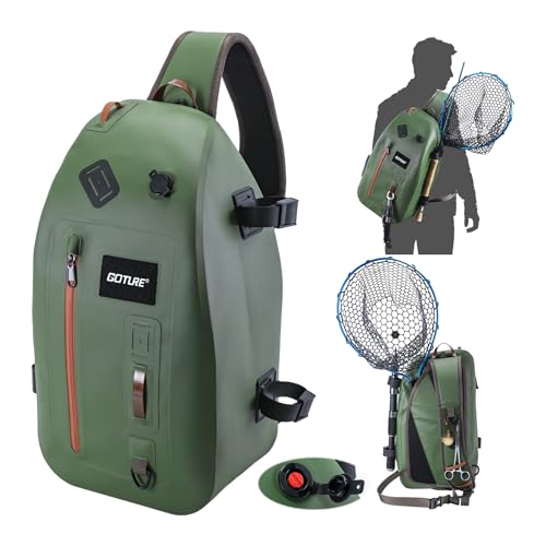 Goture Waterproof Fly Fishing Sling Pack, IPX8 840D TPU Fishing Sling Bag, 13L Tackle Backpack with Rod Holder,Airtight Zipper,Exhaust Valve,Adjustable Strap for Kayaking,Wadering,Hiking - color: A1:13L Green