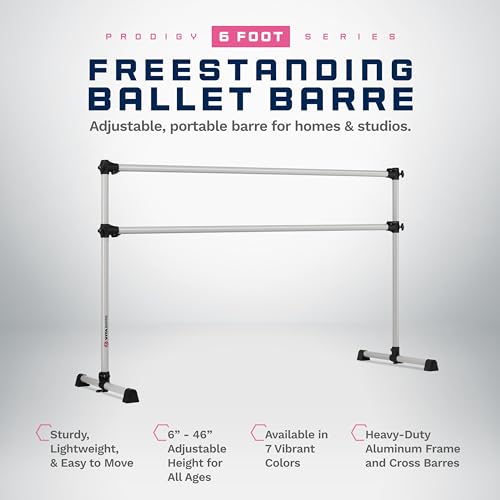 VITA Barre Portable Freestanding Double Ballet Barre, Prodigy, Aluminum | Adjustable Height, USA Made, Home or Gym Exercise Equipment for Kids & Adults | Dance, Fitness, Pilates - color: Satin Silver, style: 6 Ft