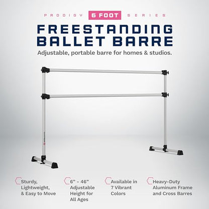VITA Barre Portable Freestanding Double Ballet Barre, Prodigy, Aluminum | Adjustable Height, USA Made, Home or Gym Exercise Equipment for Kids & Adults | Dance, Fitness, Pilates - color: Satin Silver, style: 6 Ft