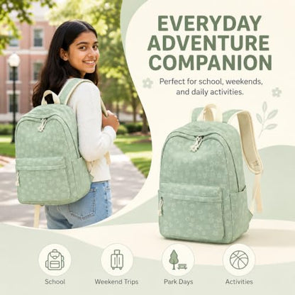 LEDAOU Backpack for Teen Girls Lightweight Kids Bookbag for Elementary Middle High School College Women Laptop Casual Daypack (Green Flowers) - color: Green Flowers