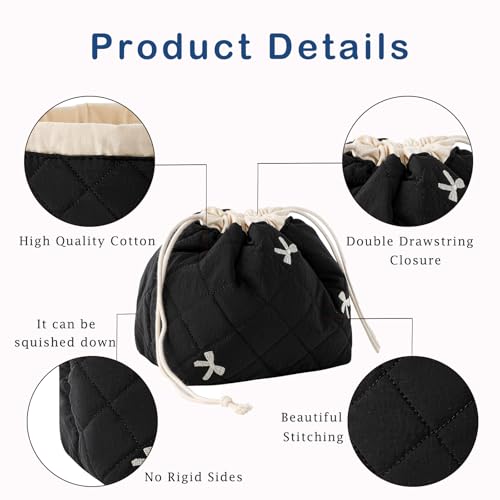 uekeboag Cotton Quilted Drawstring Makeup Bag with Canvas Lining,Coquette Aesthetic Cute Travel Toiletry Bag,Drawstring Gift Bag for Women and Girls（06Black Bows） - color: 06Black Bows
