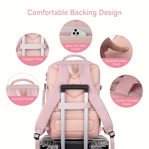 MOSISO 40L Travel Backpack for Women, Rhombus Quilted Flight Approved Carry on Daypack with USB Charging Port&Drawstring Bag, 17-17.3 inch Laptop Backpack for Office Work Travel Essentials, Pink