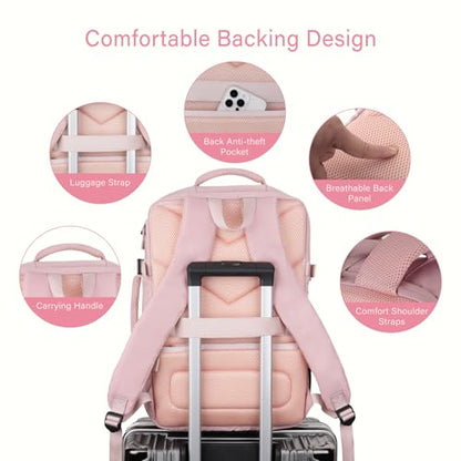 MOSISO 40L Travel Backpack for Women, Rhombus Quilted Flight Approved Carry on Daypack with USB Charging Port&Drawstring Bag, 17-17.3 inch Laptop Backpack for Office Work Travel Essentials, Pink