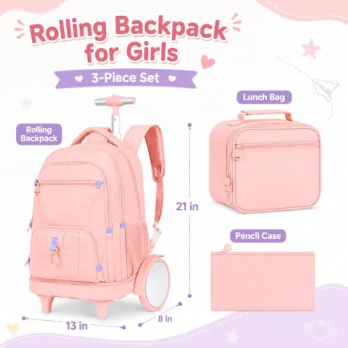 CCJPX 3Pcs Women & Girls Rolling Backpack with Bigger Wheels, Extra-Large Wheeled Bookbag with Lunch Box, Water Resistant Extra-Large Roller Luggage for Travel, Work, College (Pink) - color: Pink(upgrade Large Wheel)
