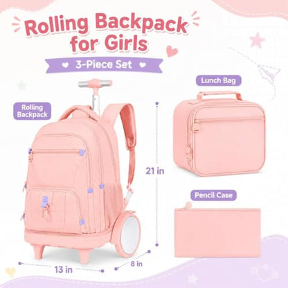 CCJPX 3Pcs Women & Girls Rolling Backpack with Bigger Wheels, Extra-Large Wheeled Bookbag with Lunch Box, Water Resistant Extra-Large Roller Luggage for Travel, Work, College (Pink) - color: Pink(upgrade Large Wheel)