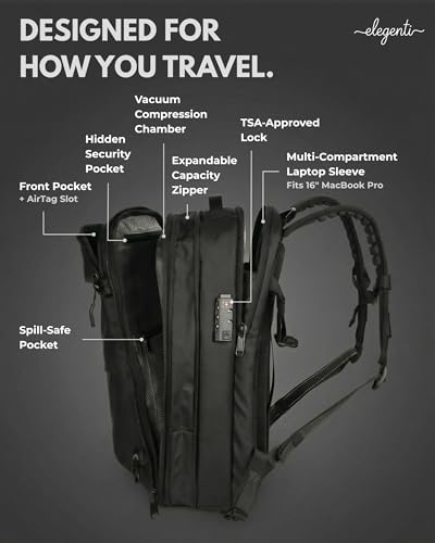 Expandable Vacuum Travel Backpack with Compression System & Pump | 60L Carry On Backpack with TSA Lock, Laptop Sleeve & Water Resistant Shell | Black