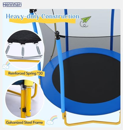 5 FT Kids Trampoline with Safety Enclosure Net, Indoor Outdoor Toddler Trampoline with U-Shaped Legs & Foam Poles, Mini Trampoline for Kids - color: Blue