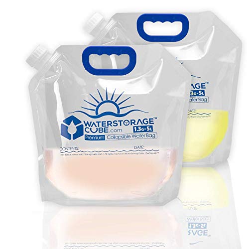 WaterStorageCube Premium Collapsible Water Container Bag, BPA Free Food Grade Clear Plastic Storage Jug for Camping Hiking Backpack Emergency, No-Leak Freezable Foldable Water Bottle 1.3/2.6 Gallon - size: 1.3 Gallon, style: 2-Pack