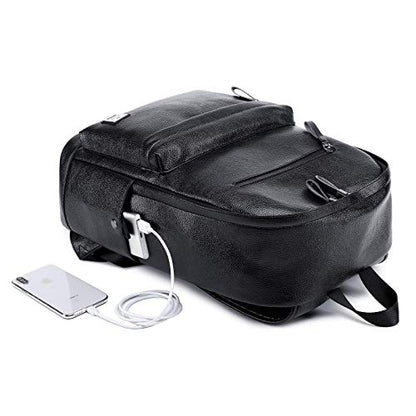 weiatas Black Leather Laptop Backpack for Men Women Work Travel, College School Backpack Casual Daypack fits 15.6 Inch