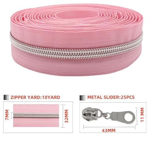 MebuZip #5 Silver Metallic Nylon Coil Zippers by The Yard Bulk Coil Zipper Roll 10 Yards with 25pcs Pulls for DIY Sewing Craft Bags (Pink) - color: Silver Pink