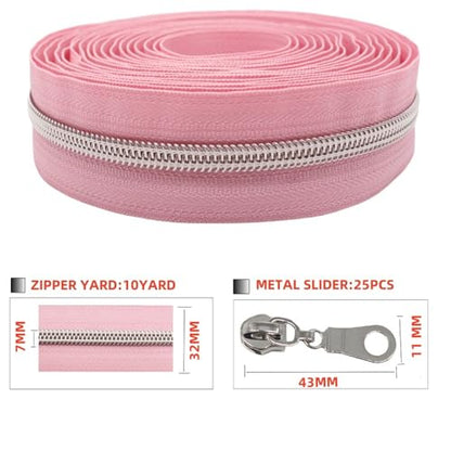 MebuZip #5 Silver Metallic Nylon Coil Zippers by The Yard Bulk Coil Zipper Roll 10 Yards with 25pcs Pulls for DIY Sewing Craft Bags (Pink) - color: Silver Pink