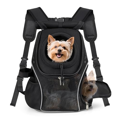 WOYYHO Pet Dog Carrier Backpack with Top and Side Windows, Small Dog Front Backpack Ventilated Mesh Dog Back Pack with Safety Belt for Travel Hiking Outdoor Adventures (Size S: 2-4.5 lbs, Black 2.0) - color: Black 2.0